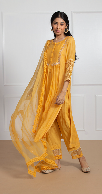 Shazana- Sunset Yellow Front Pleated Suit Set with Mukaish Work